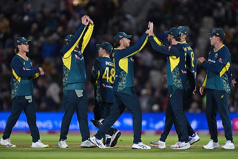 England vs Australia 1st T20I: Australia's Matt Short, third right, celebrates catching out England's Phil Salt